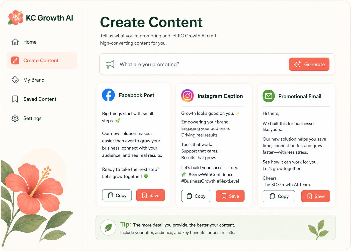 KC Growth AI dashboard showing generated marketing content cards